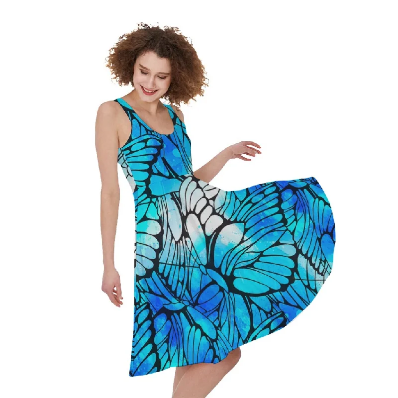 Blue Butterfly Wings Pattern Print Sleeveless Knee Length Dress Tunics Wedding white