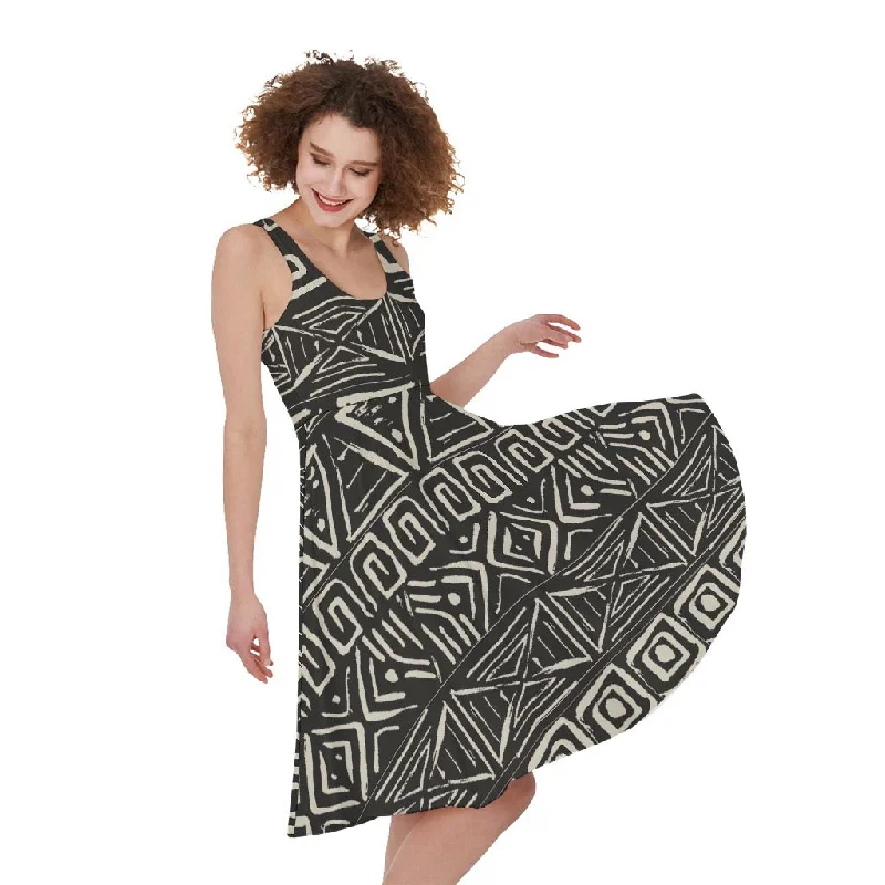 Beige Aztec Pattern Print Sleeveless Knee Length Dress Square Neckline Feminine