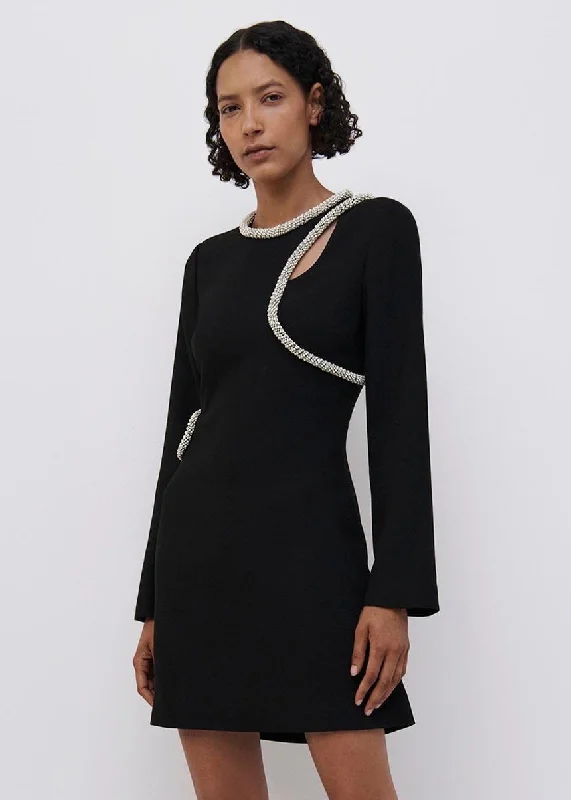 Katharine Diamante Embroidery Mini Dress (Black) Fashionable Pleated Mini Dress