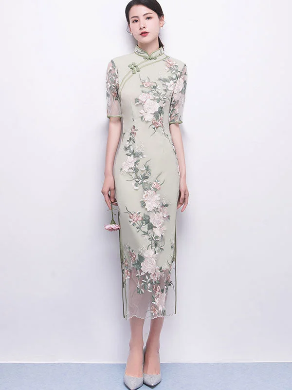 Green Embroidered Long Qipao / Cheongsam Party Dress Tunics Occasion special