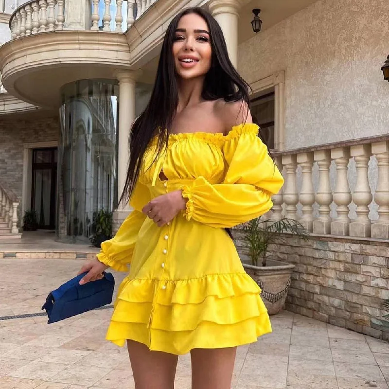 Zjkrl - Fashion Woman 2023 Slash Neck Off Shoulder Puff Sleeve Ruffles Mini Dress Streetwear Sexy Girls Bodycon Evening Party Dresses Tunics Modern contemporary