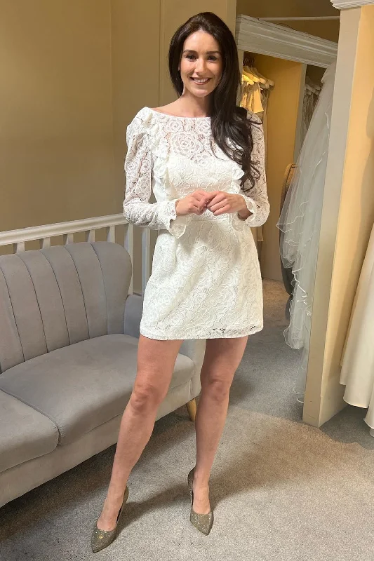 Ivory Lace Backless Short Hen Party Dress with Long Sleeves Boatneck Modish Everyday