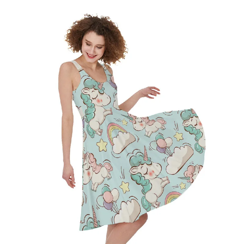 Cute Rainbow Unicorn Pattern Print Sleeveless Knee Length Dress Shift Classic Vintage