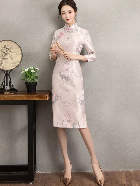 Pink Jacquard Midi Qipao / Cheongsam Party Dress for Winter Tunics Short Trendy