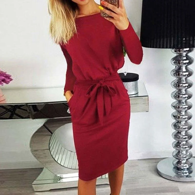 FashionSierra - Autumn Midi Party Dress Women Loose Plus Size Dress Tunics Chic elegant