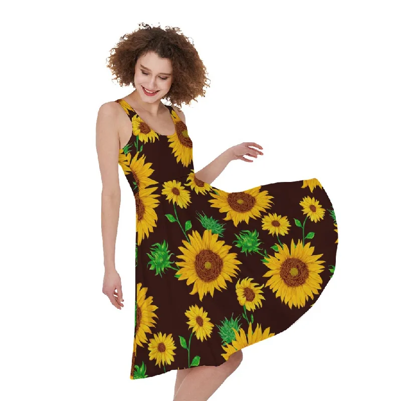 Brown Sunflower Pattern Print Sleeveless Knee Length Dress Tunics Formal black