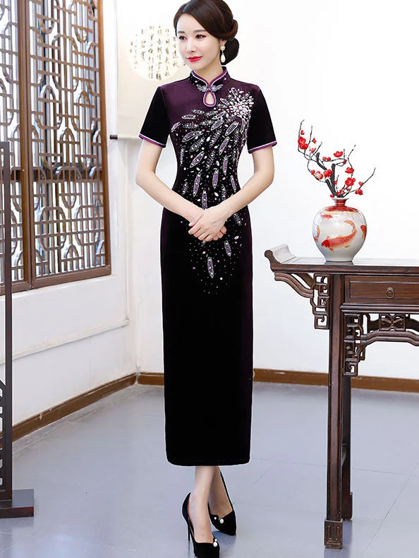Beads Velvet Mother's Modern Qipao / Cheongsam Party Dress Tunics Trousers formal