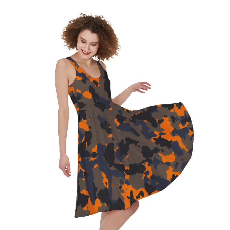 Black And Orange Camouflage Print Sleeveless Knee Length Dress Tunics Chic fashionable