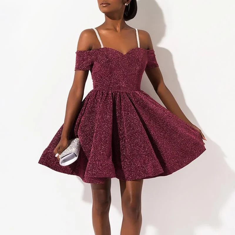 FashionSierra - Glittering A-line Party Dress Women Shiny Mini Dress Sparkle Slim Strap Short Cocktail Dresses Summer Vestidos Tunics Solid Classic