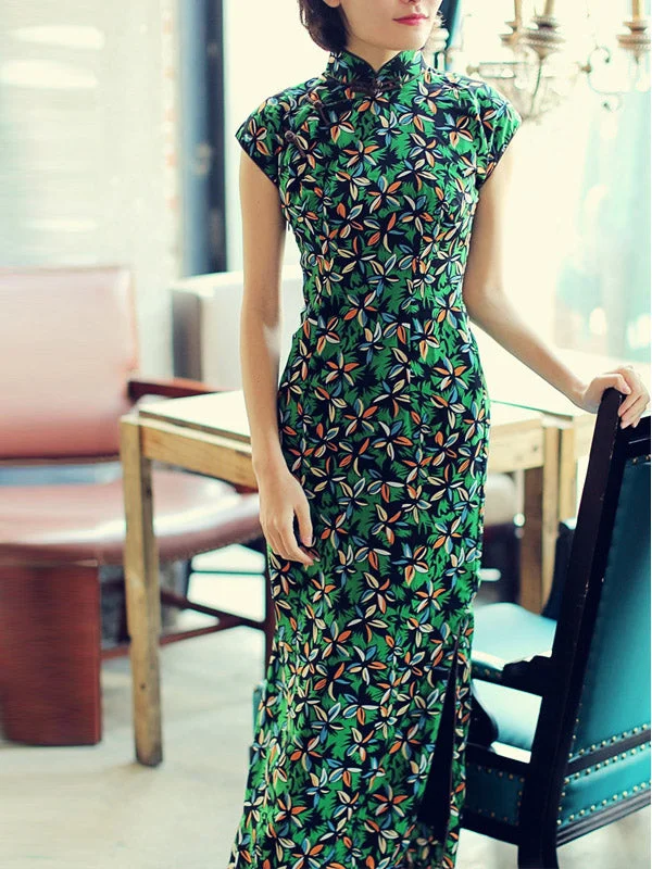 Green Floral Chiffon Qipao / Cheongsam Party Dress Tunics Exclusive limited