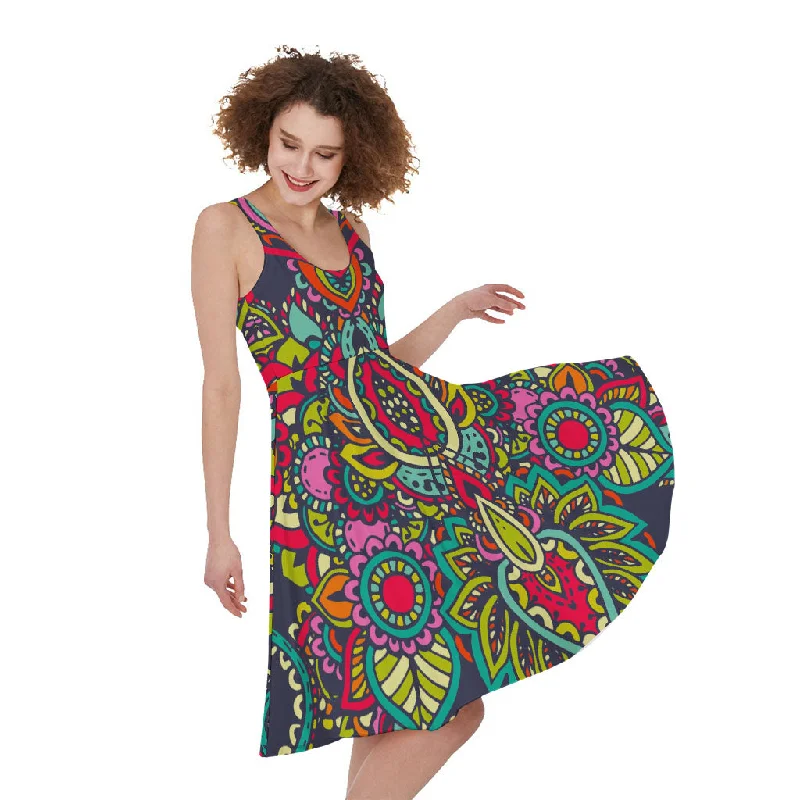 Colorful Floral Mandala Print Sleeveless Knee Length Dress Tunics Trendy modern