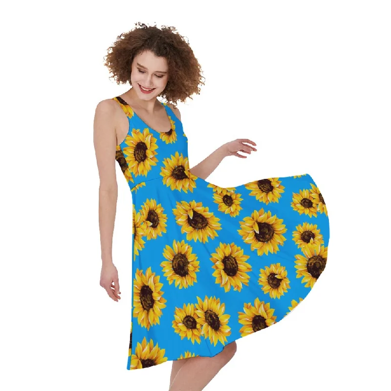 Blue Sunflower Pattern Print Sleeveless Knee Length Dress Bodycon Club Sequined