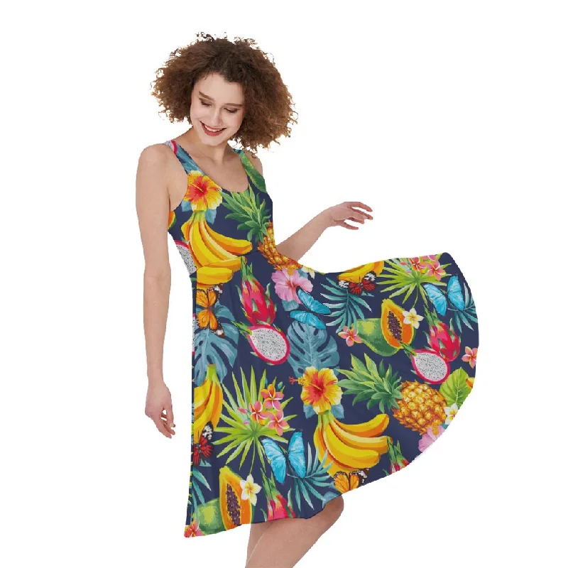 Aloha Tropical Fruits Pattern Print Sleeveless Knee Length Dress Tunics Gym athletic