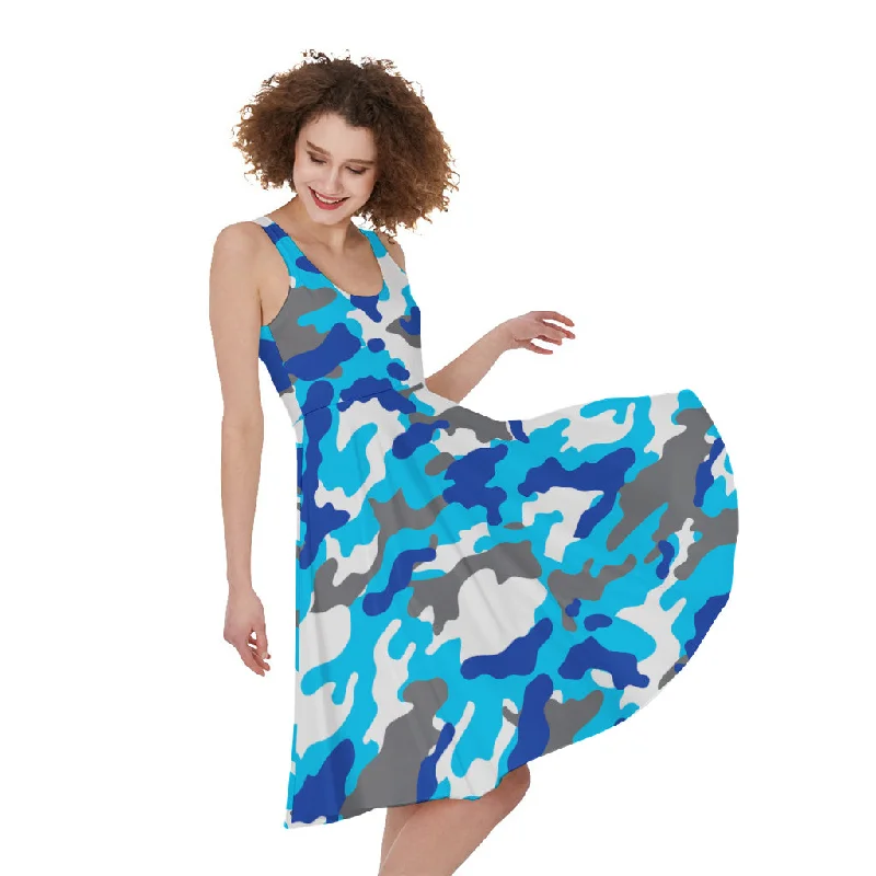 Blue Snow Camouflage Print Sleeveless Knee Length Dress empire Waist empire