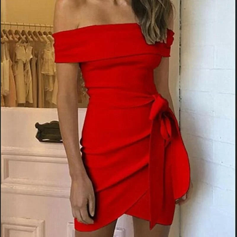 FashionSierra - Women Summer Off Shoulder Ruffle Frill Mini Dress Elegant Ladies Holiday Bodycon Irregular Mini Party Dress Tunics Silk luxurious