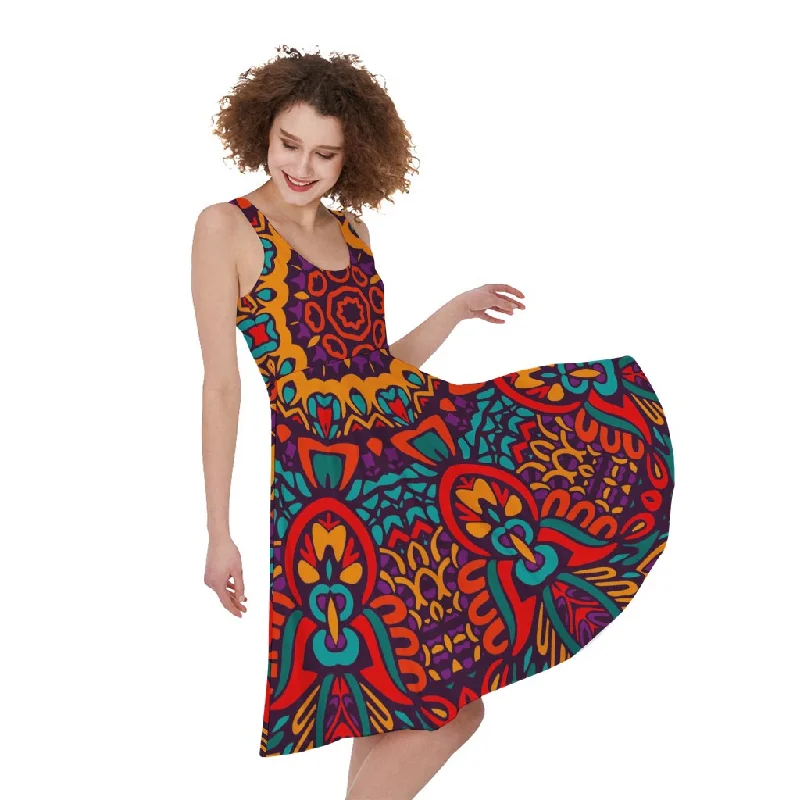 Bohemian Native Mandala Pattern Print Sleeveless Knee Length Dress Tunics Stylish elegant Bohemian Native Mandala Pattern Print Sleeveless Knee Length Dress Tunics Stylish elegant