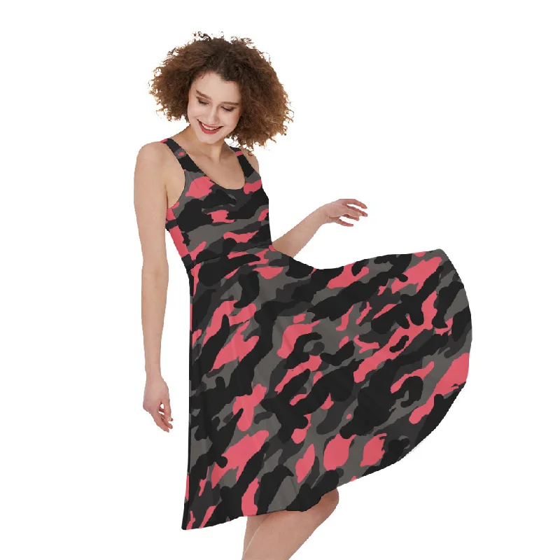 Black And Pink Camouflage Print Sleeveless Knee Length Dress Tunics Essential wardrobe