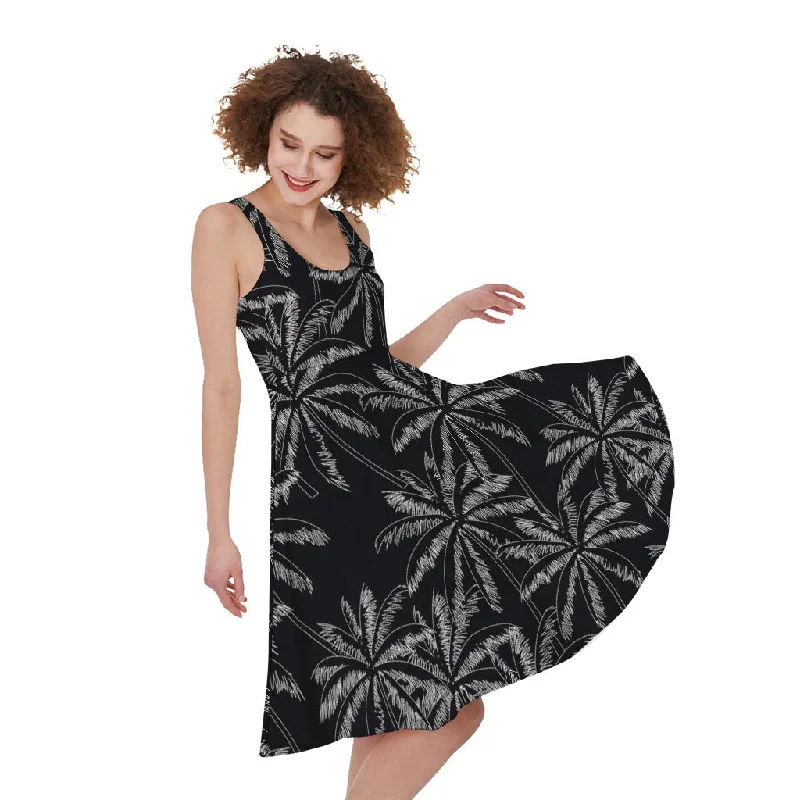 Black White Palm Tree Pattern Print Sleeveless Knee Length Dress Boatneck Modish Everyday