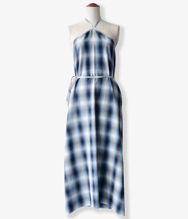 PHEENY/RAYON OMBRE CHECK APRON DRESS(BLUE) A-Line Day Work