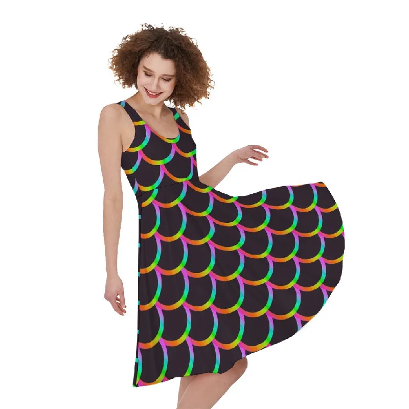 Black Mermaid Scales Pattern Print Sleeveless Knee Length Dress Tunics Denim casual