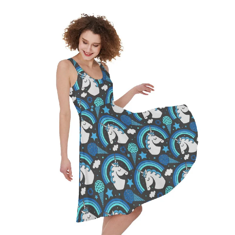 Blue Rainbow Unicorn Pattern Print Sleeveless Knee Length Dress Tunic Top Casual