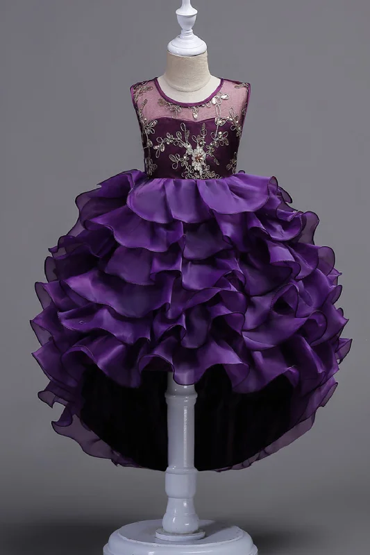 High Low Round Neck Sleeveless Purple Girls Party Dresses Off-the-shoulder Chic Trendy