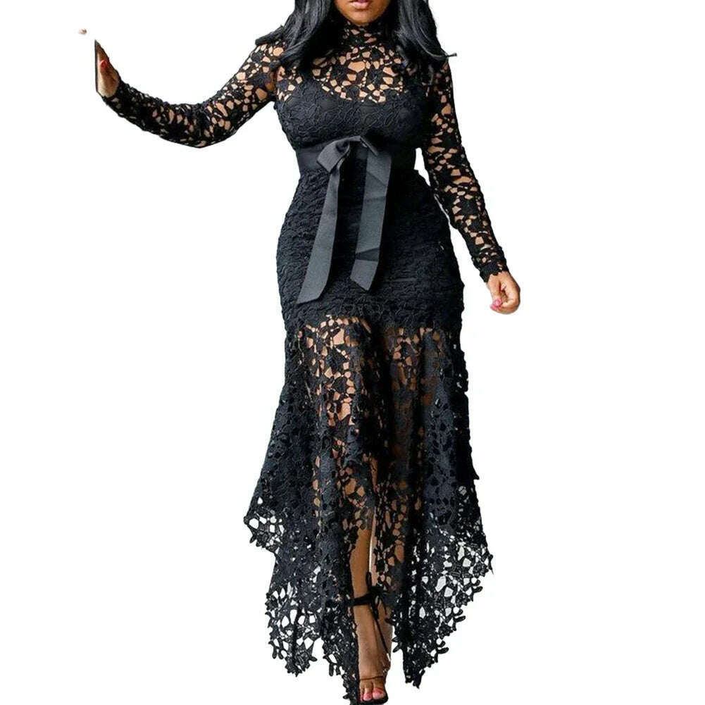 Women Vintage Party Dress Sexy Black Lace Long Dress Prom Evening Party Dress Bodycon Plus Size Lace Solid Color Elegant Dress Tunics Evening elegant