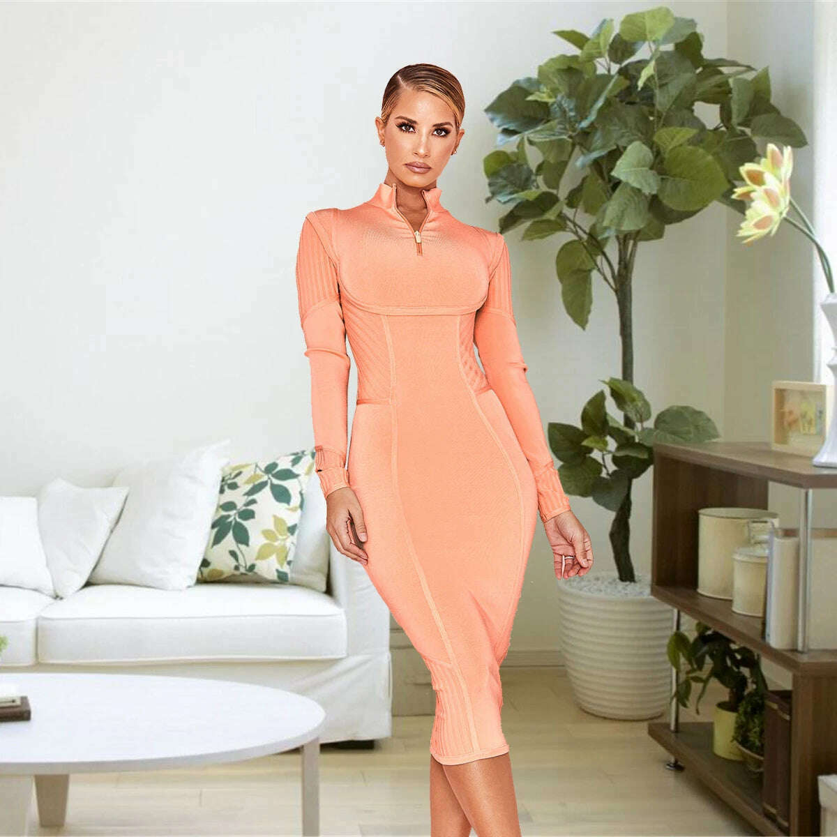 WillBeNice 2023 Orange Sexy Winter Bandage Dress Women Long Sleeve Bodycon high neck Dress Club Bodycon Cocktail Party Dress Tunics Vintage classic