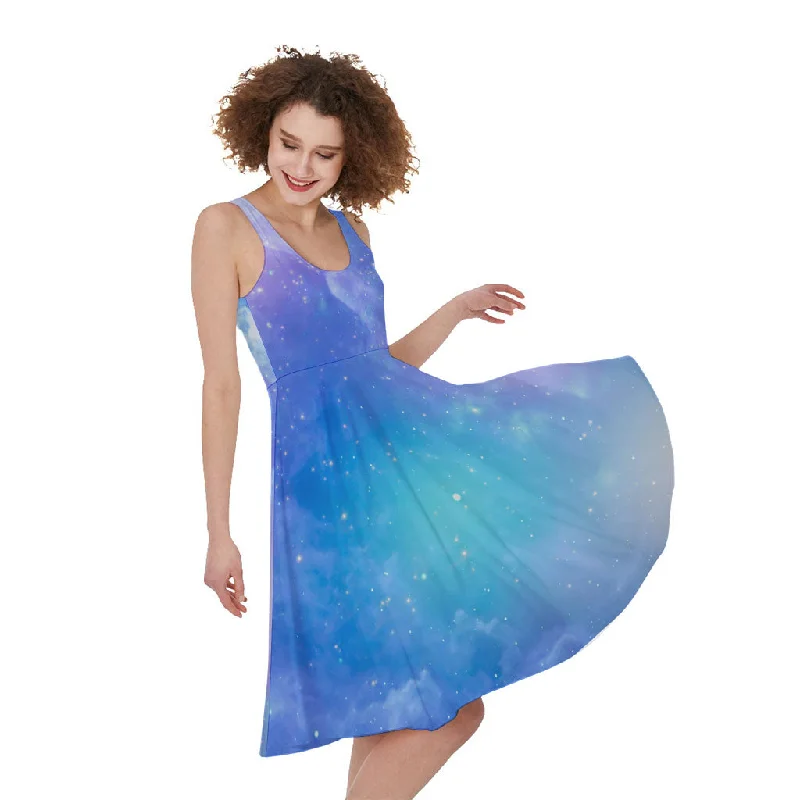 Blue Light Nebula Galaxy Space Print Sleeveless Knee Length Dress Tunics Velvet soft
