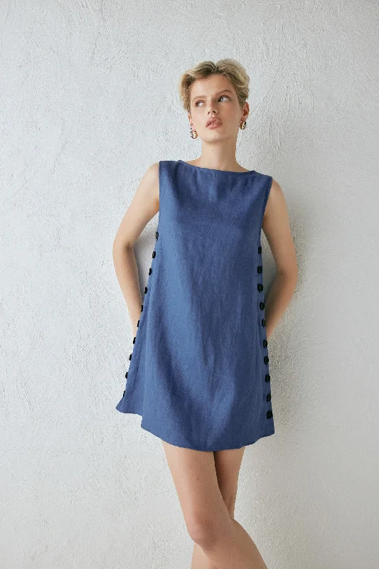 Annabelle Linen Mini Dress Blue Chic Sleeveless Mini Dress