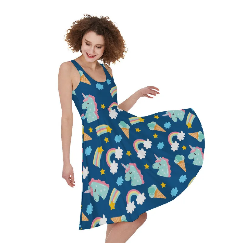 Cute Girly Unicorn Pattern Print Sleeveless Knee Length Dress Square Neckline Feminine