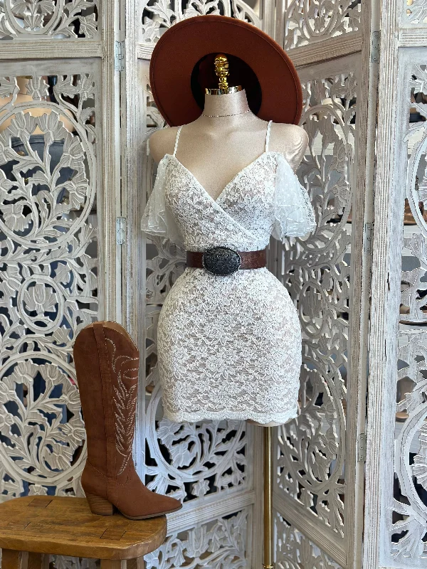 Cross Front Lace Mini Dress- Stretchy, Estira Stylish Sweetheart Neck Mini Dress