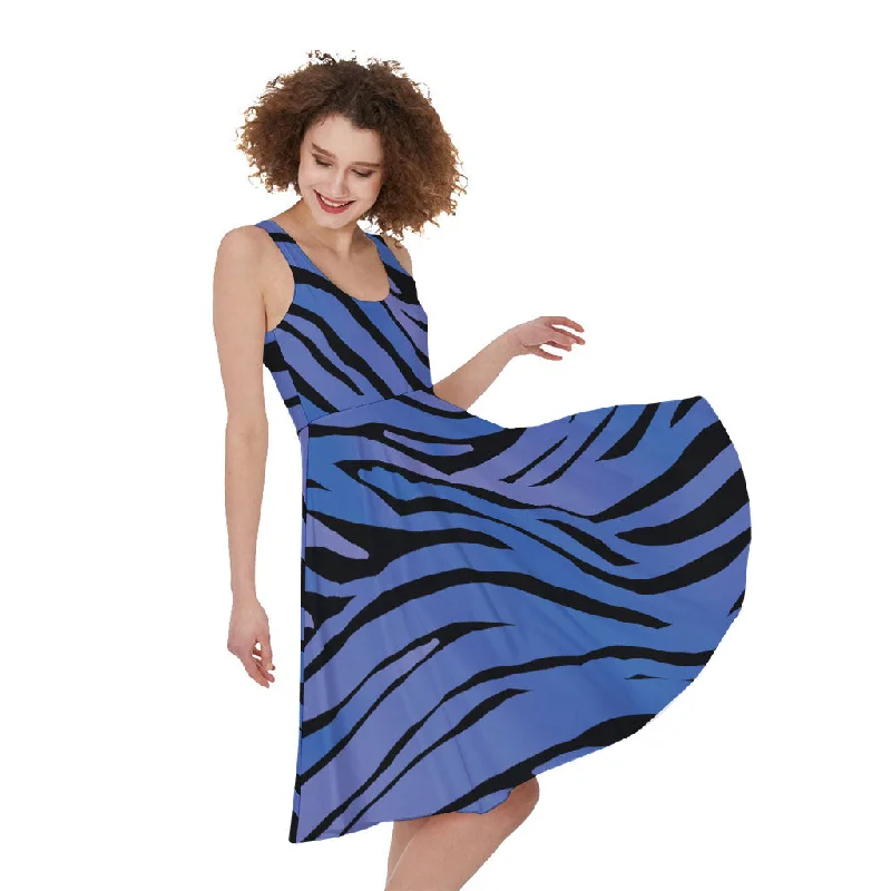 Black Blue Zebra Pattern Print Sleeveless Knee Length Dress Tunics Designer luxury