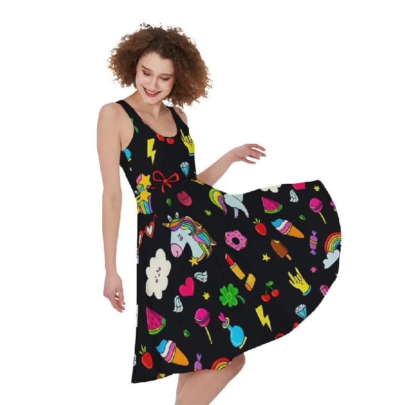 Black Girly Unicorn Pattern Print Sleeveless Knee Length Dress Tunics Formal black