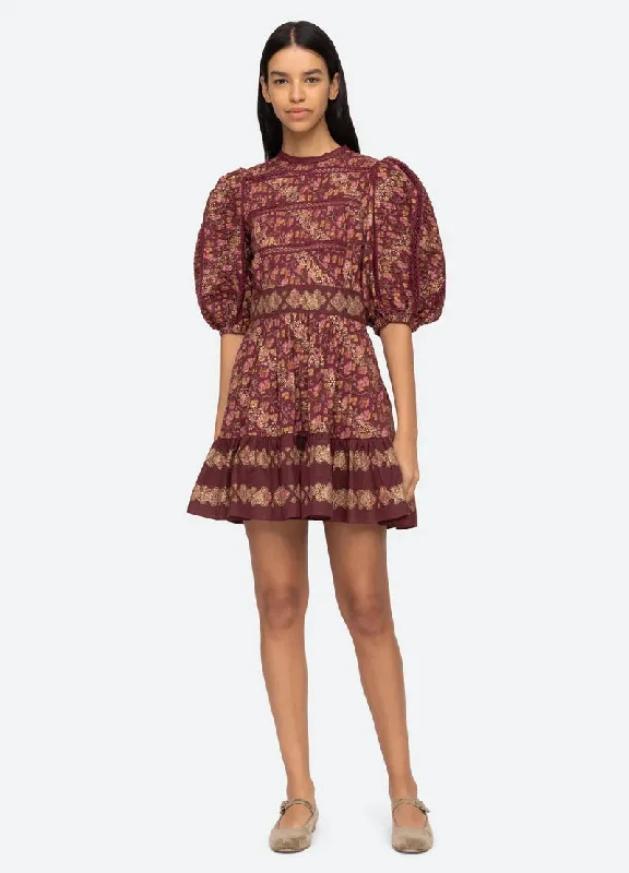 Dress Giulia Print Puff Aw23-106 Maroon Tunics Summer linen