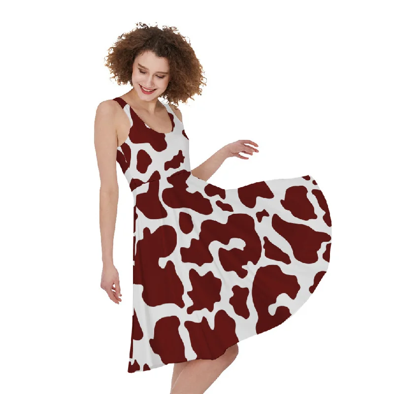 Chocolate Brown And White Cow Print Sleeveless Knee Length Dress Tunics Print Colorful