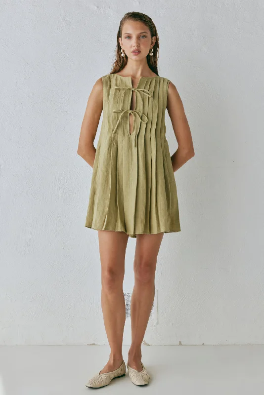 Valeria Linen Mini Dress Olive Fashionable Mini Dress with Frills