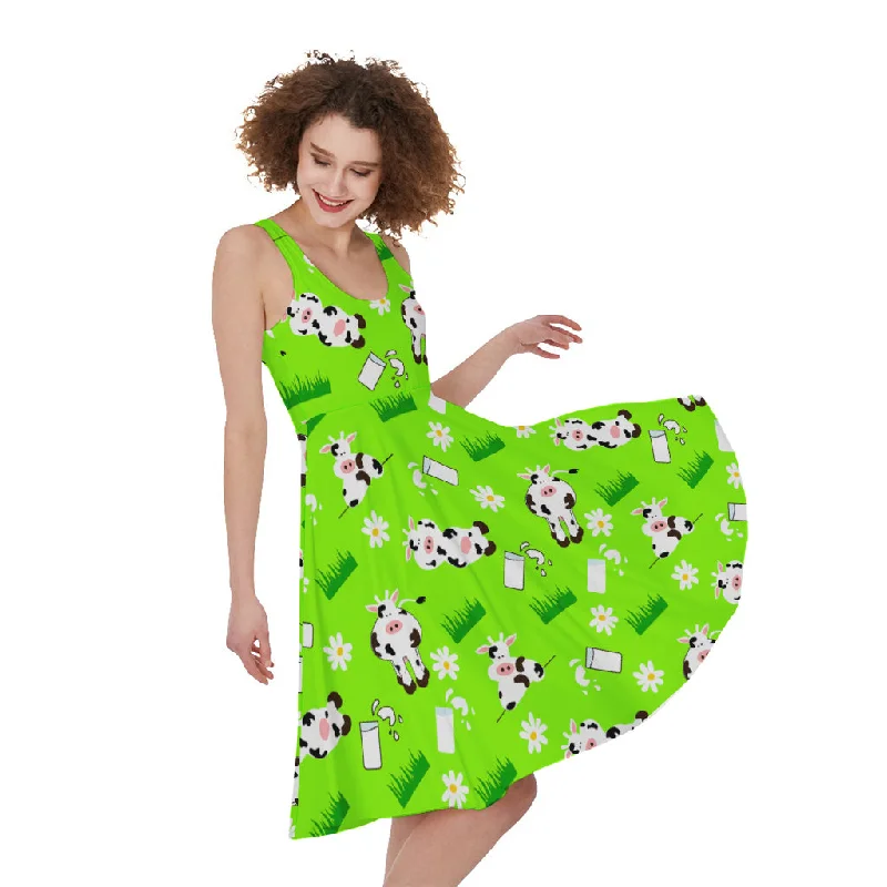 Cartoon Daisy And Cow Pattern Print Sleeveless Knee Length Dress Tunics Chinos classic