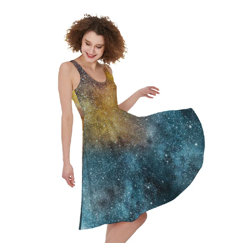 Blue Orange Stardust Galaxy Space Print Sleeveless Knee Length Dress Tunics stripes playful