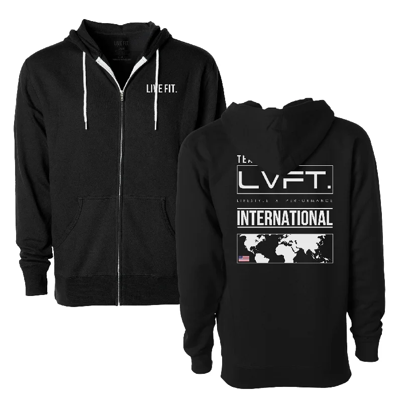 International Zip Up Hoodie - Black / White Hoodie with Side Slits Relaxed Casual
