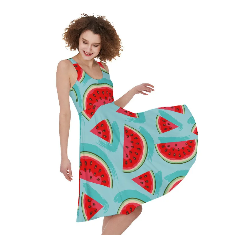 Blue Watermelon Pieces Pattern Print Sleeveless Knee Length Dress Tunics Luxurious high-end Blue Watermelon Pieces Pattern Print Sleeveless Knee Length Dress Tunics Luxurious high-end
