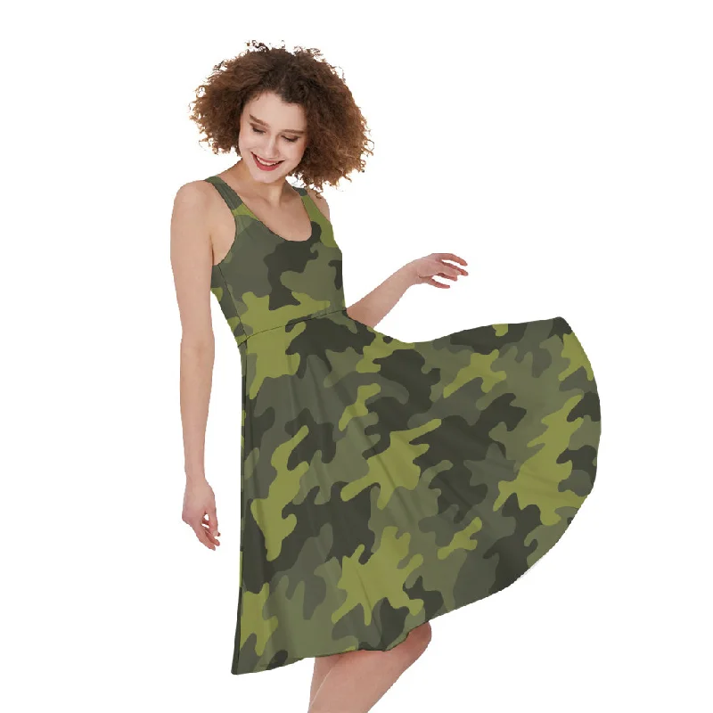 Dark Green Camouflage Print Sleeveless Knee Length Dress Tunics Sophisticated sleek