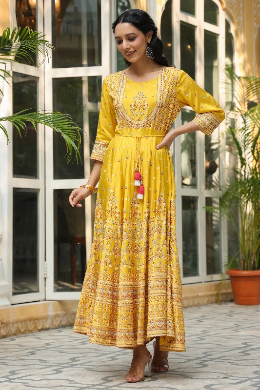 Mustard Viscose Shantoon Festive Printed Flared Dress Tunics Occasion special