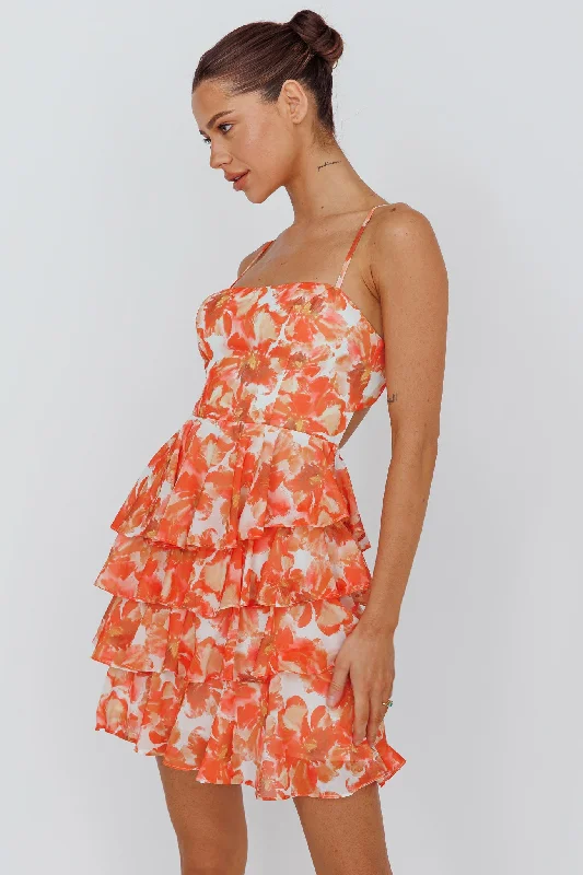 Lauran Tied Back Frill Dress Floral Orange Pencil Office Professional