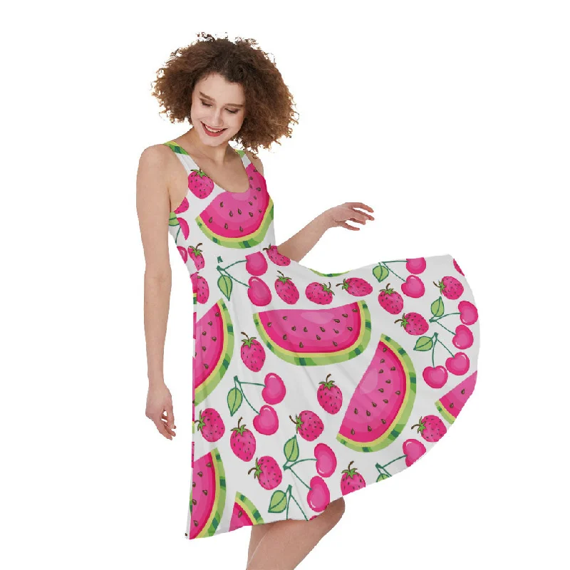 Cute Berry Watermelon Pattern Print Sleeveless Knee Length Dress Tunics stripes playful