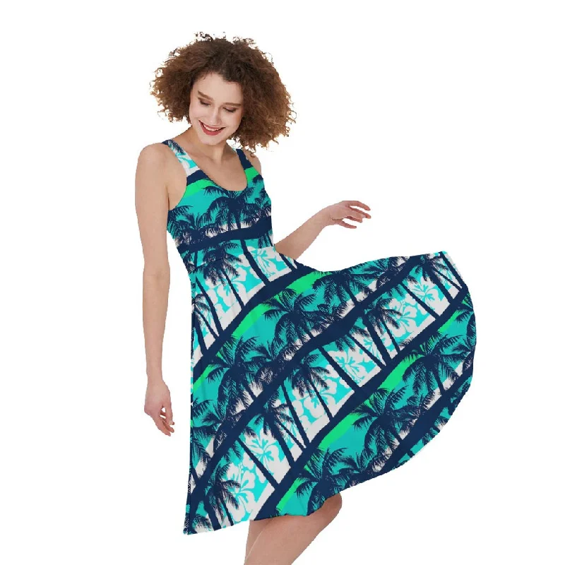 Blue Hibiscus Palm Tree Pattern Print Sleeveless Knee Length Dress Tunics Distressed trendy