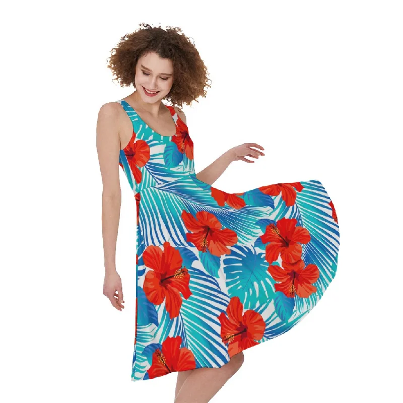 Blue Tropical Hibiscus Pattern Print Sleeveless Knee Length Dress Elegant Long Evening Blue Tropical Hibiscus Pattern Print Sleeveless Knee Length Dress Elegant Long Evening