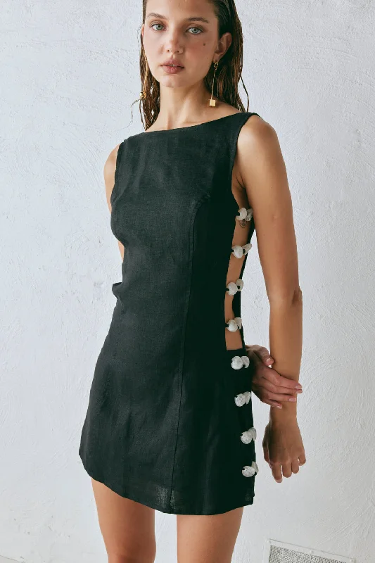 Tia Linen Mini Dress Black Elegant Satin Lace Mini Dress