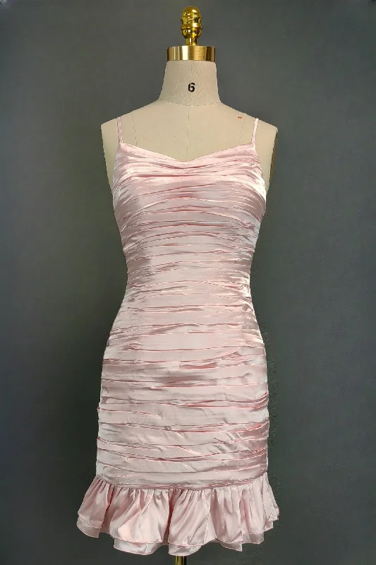 Pink Spaghetti Straps Homecoming Dresses Simple Satin Mini Dresses Elegant Lace-Up Mini Dress