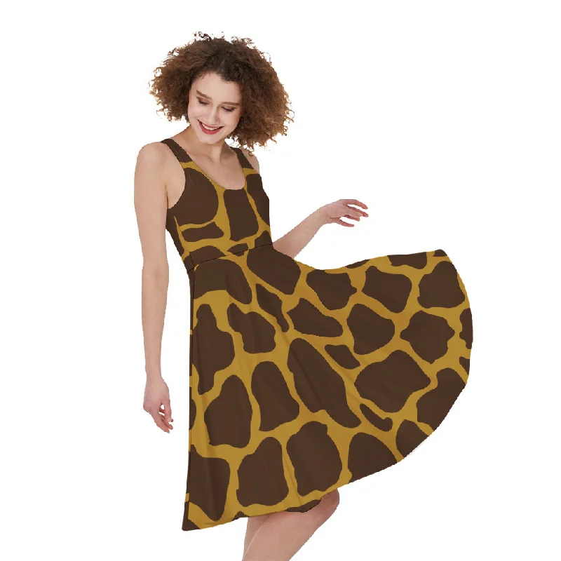 Dark Brown Cow Print Sleeveless Knee Length Dress Tunics Practical easy-care